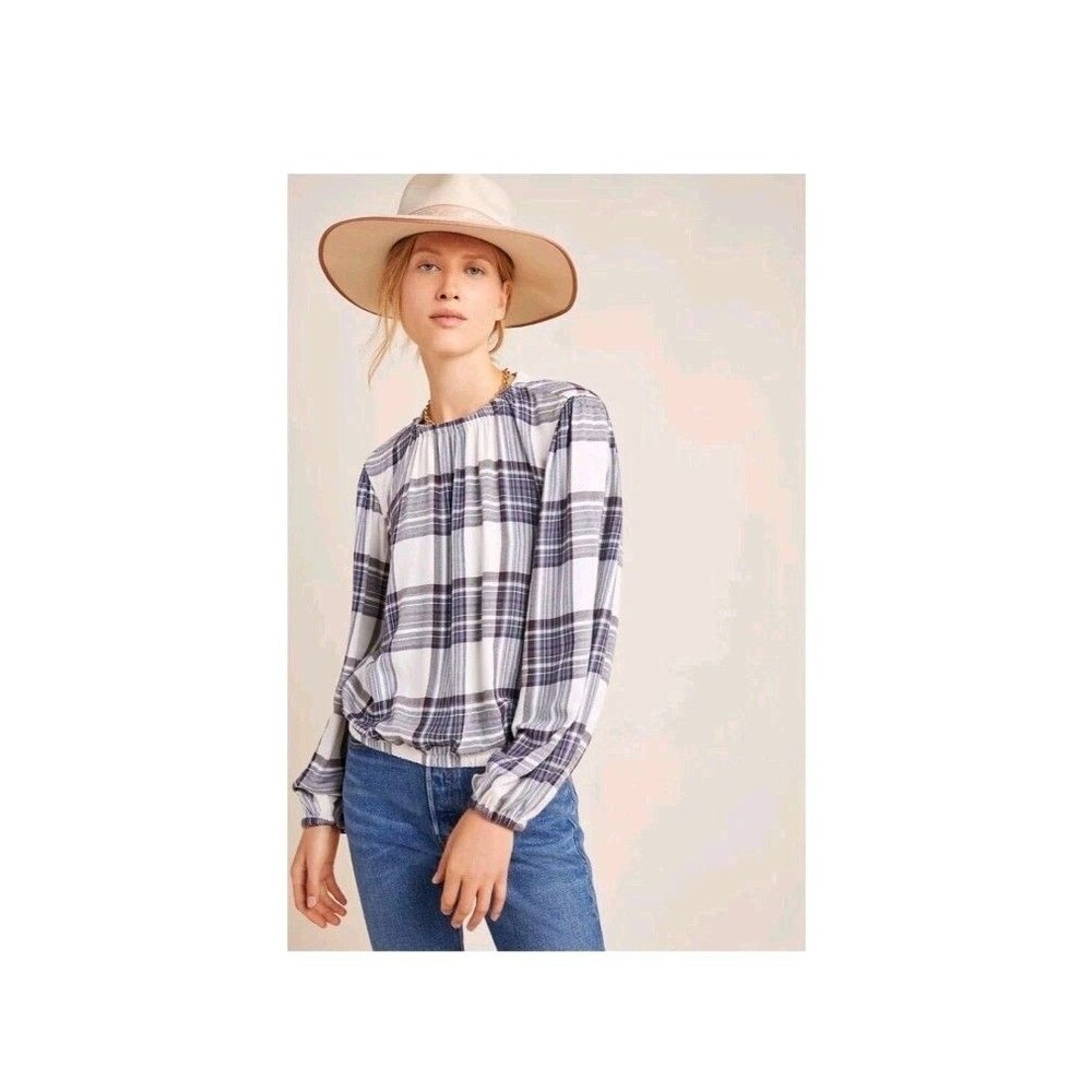 Anthropologie CLOTH & STONE Glacier Plaid Blouse Top Sz Med Western Cowgirl